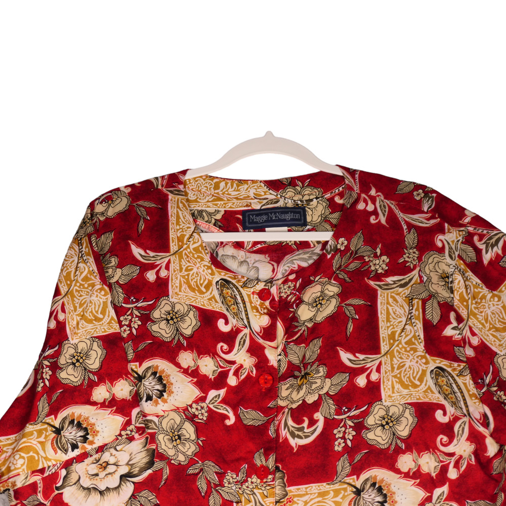 Vintage Maggie McNaughton Blouse Womens 16 Red Floral Collared Button Made USA - Picture 2 of 10